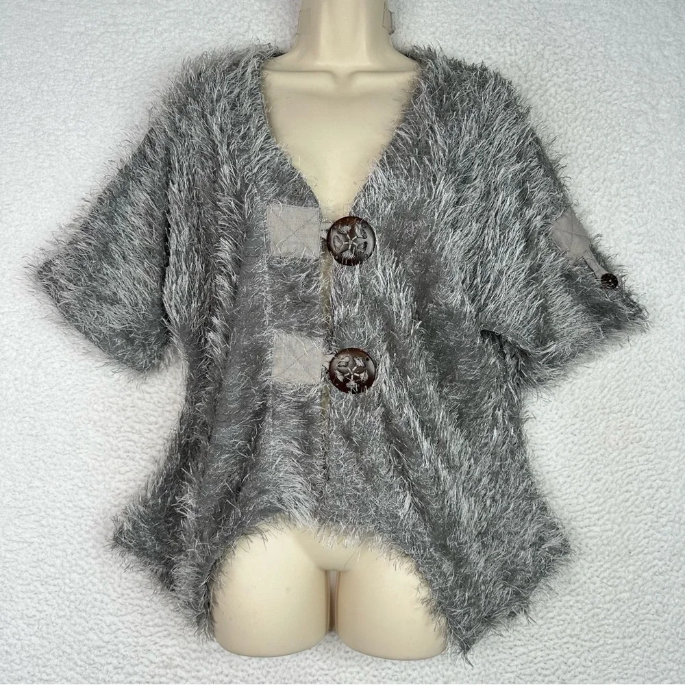 Kaktus‎ Gray Fuzzy Textured Cardigan Sweater Women’s Small Boho Button Front